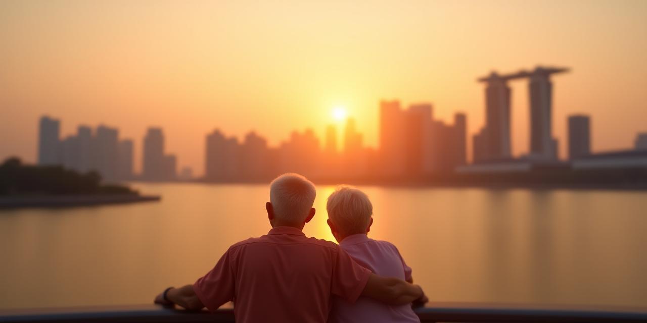 年长夫妇在滨海湾远眺夕阳，象征安心退休生活